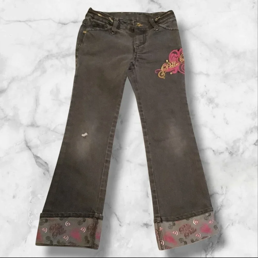 PellePelle Girls Size 6X Black Jeans With Belle Belle Design & Embroidered Cuffs